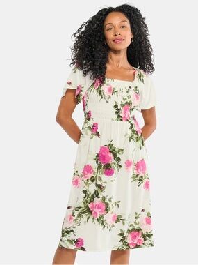 Place White Midi Dress with Pink Floral Print